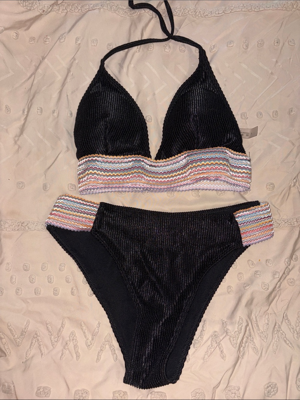 Black Ribbed Bikini with Multicolor Trim